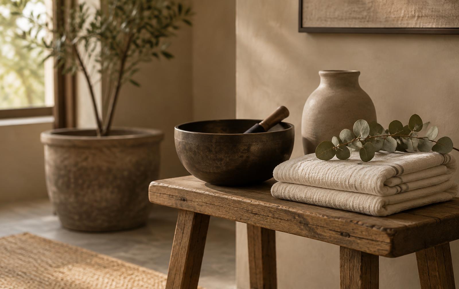 A serene wellness corner with a singing bowl, folded linen towels and eucalyptus in soft natural light