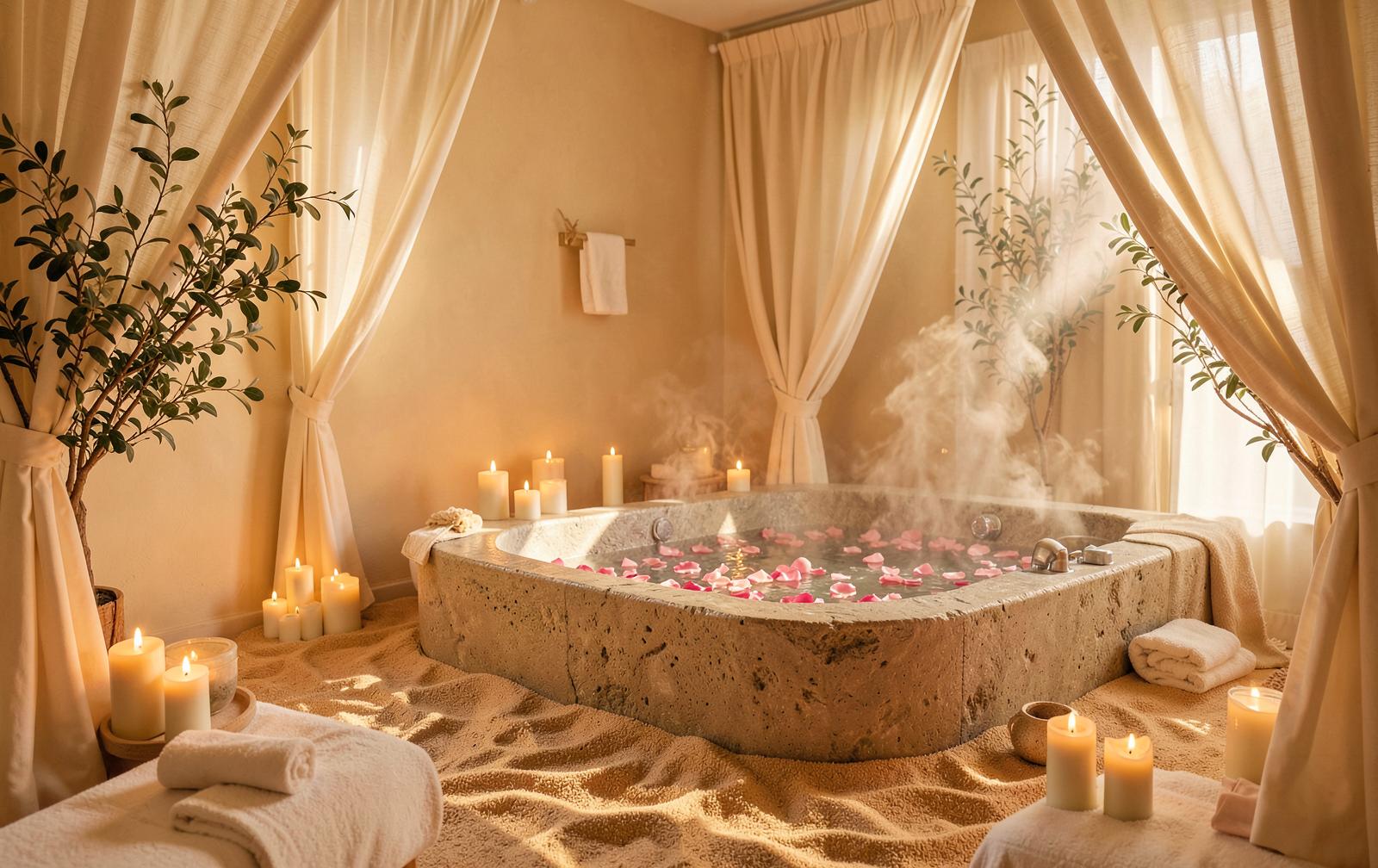 A bright modern executive wellness space with a practitioner and a seated professional